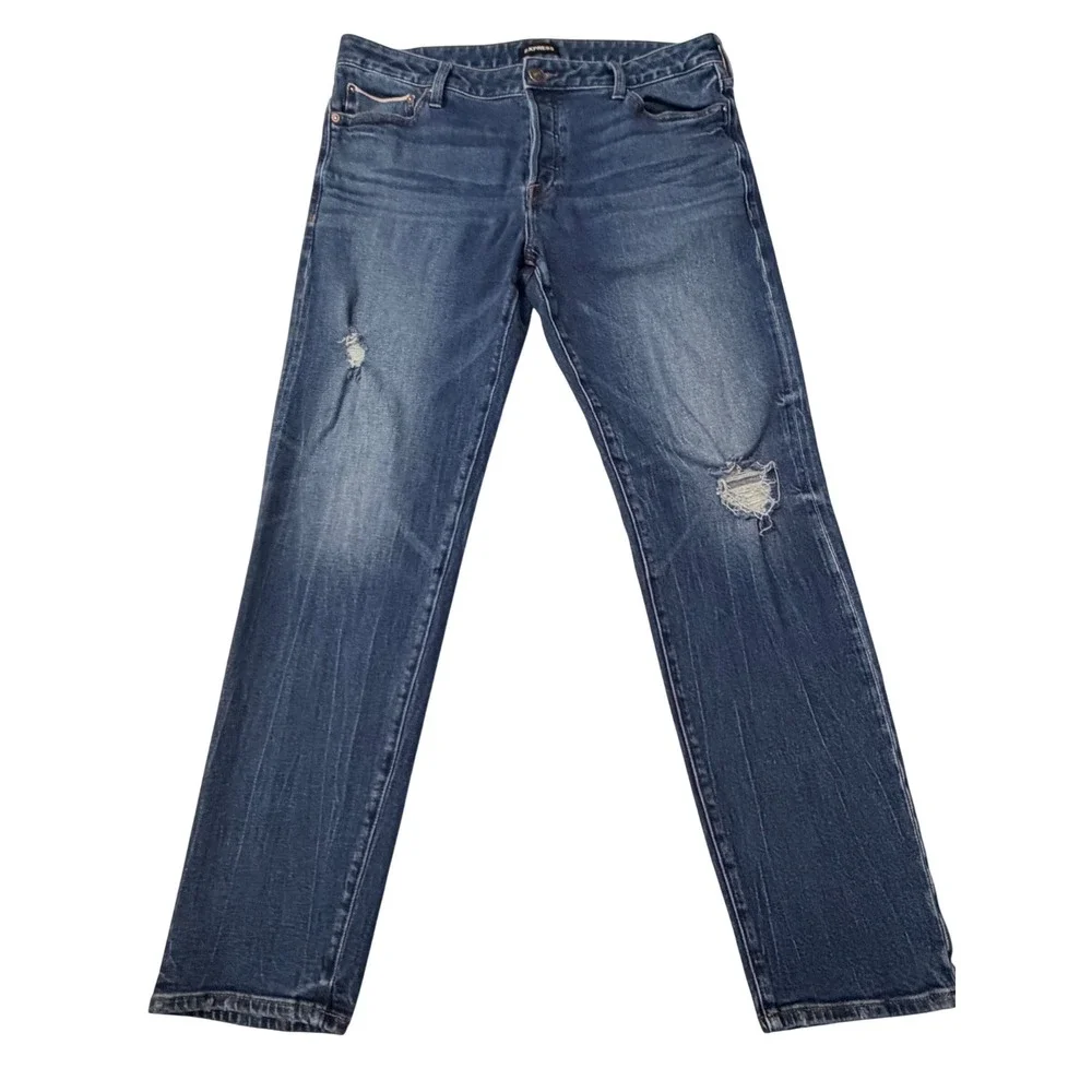 EXPRESS Slim Straight Men Jeans‎ Dark Wash Distressed Button Fly 36x32